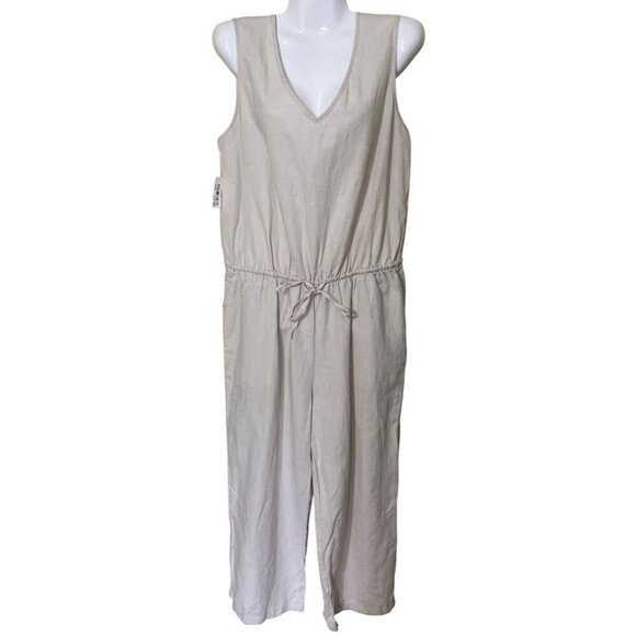 New Linen Blend Jumpsuit Sz 8 Beach Coastal Resort Vacation V-Neck Drawstring - Picture 1 of 16